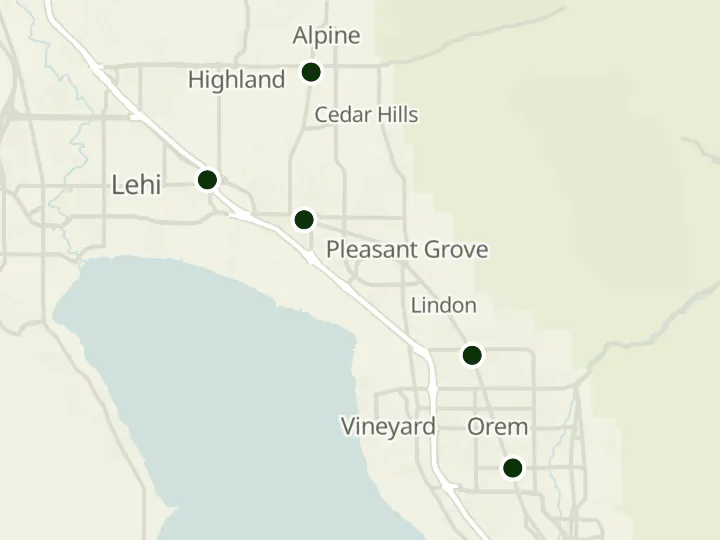 Map of Alpine Credit Union's 6 branches in Utah