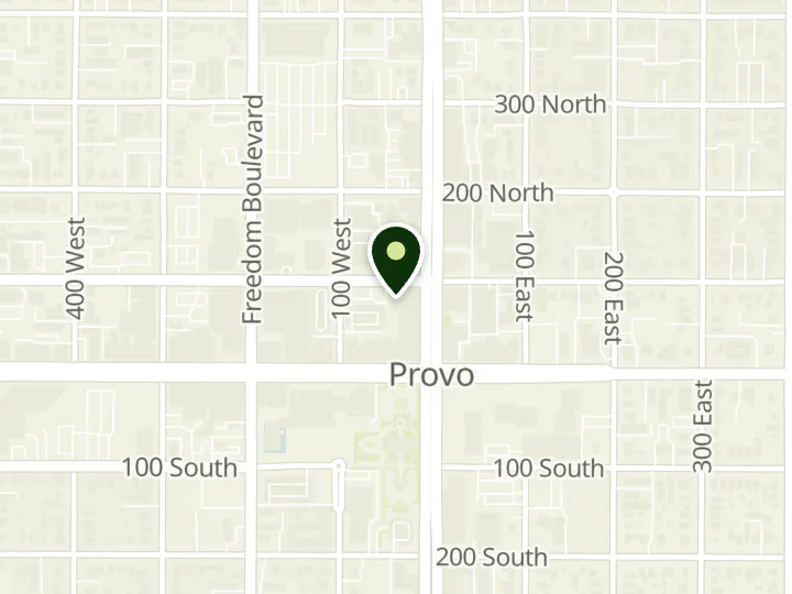 Map of the streets around Central Bank, Provo Downtown, at 75 N University Ave, Provo, UT 84601