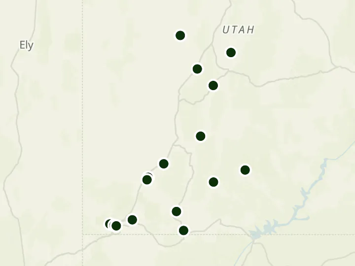 Map of State Bank of Southern Utah's 17 branches in Utah