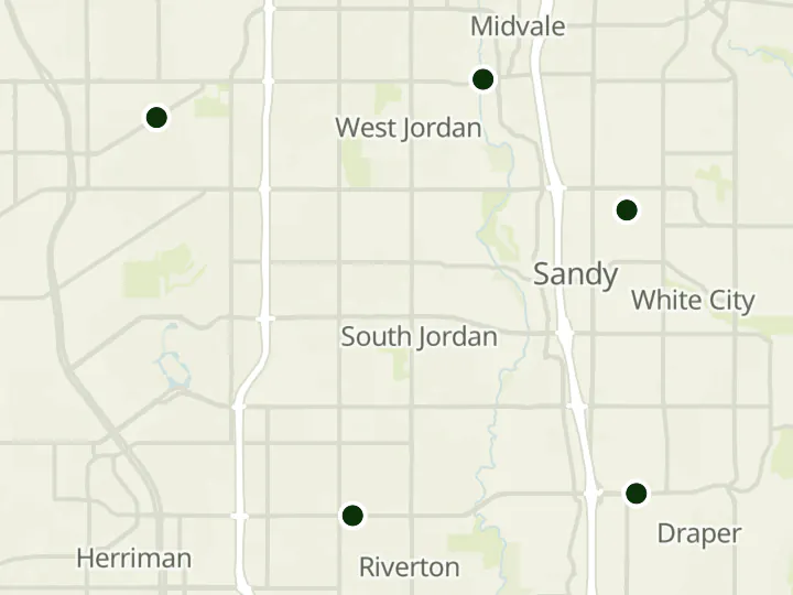Map of Jordan Credit Union's 5 branches in Utah