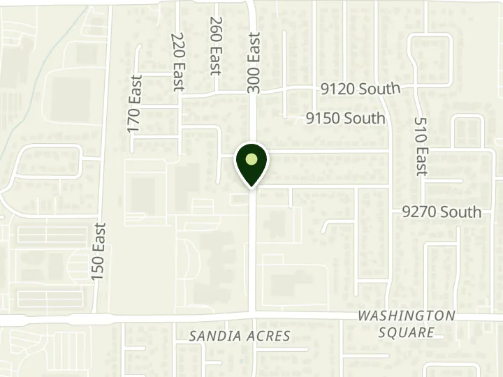 Map of the streets around Jordan Credit Union, Sandy, at 9260 S 300 E, Sandy, UT 84070