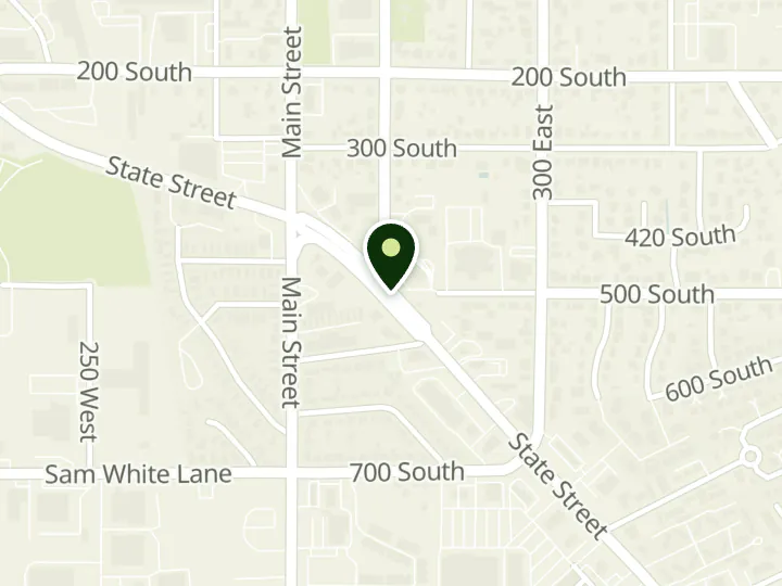 Map of the streets around Utah Community Credit Union, Pleasant Grove, at 105 E State Rd, Pleasant Grove, UT 84062